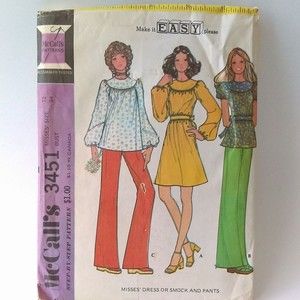 Vintage McCalls 70s Dress or Smock & Pants 3451 Sz 12 Bust 34 Boho Top Blouse